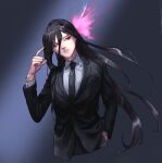  1boy bangs black_hair black_jacket blood closed_mouth collared_shirt commentary_request cowboy_shot cropped_torso danganronpa_(series) danganronpa_2:_goodbye_despair expressionless finger_to_head formal gradient gradient_background hair_between_eyes hand_in_pocket hand_up highres jacket kamukura_izuru long_hair long_sleeves looking_at_viewer male_focus necktie pink_blood red_eyes rei_(tdn_ng) shirt solo suit very_long_hair white_shirt 