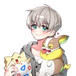  &gt;_&lt; 1girl :d ^_^ alternate_costume bangs blue_eyes blush closed_eyes closed_mouth collarbone crossover eyebrows_visible_through_hair fangs flat_chest gen_2_pokemon gen_8_pokemon hair_behind_ear head_tilt heart hime_gongju holding holding_pokemon looking_at_viewer nijisanji nijisanji_kr oh_jiyu open_mouth pokemon pokemon_(creature) shirt silver_hair simple_background smile solo_focus togepi tongue tongue_out upper_body v-shaped_eyebrows virtual_youtuber white_background white_shirt yamper 