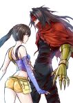  1boy 1girl black_hair brown_hair clawed_gauntlets cloak dirge_of_cerberus_final_fantasy_vii final_fantasy final_fantasy_vii glaring gloves headband highres igusaharu long_hair looking_back pouch short_hair shorts vincent_valentine yuffie_kisaragi 