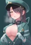  1girl artist_request bad_id bad_pixiv_id black_ribbon braid breasts cleavage flashing gloves hair_over_one_eye hair_ribbon hat highres large_breasts long_hair military military_hat military_uniform neck_ribbon no_bra pin ribbon sequel_awake sequel_blight tillema_(sequel_awake) uniform white_gloves yellow_eyes 
