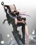  1girl alternate_costume android arms_behind_head asymmetrical_gloves asymmetrical_legwear bangs black_dress black_footwear black_gloves black_panties breasts chain dress gloves grey_eyes hair_between_eyes highres hip_vent holding holding_sword holding_weapon huge_weapon jason_kong joints long_hair nier_(series) nier_automata nier_reincarnation official_alternate_costume panties robot_joints solo sword type-3_blade underwear weapon white_hair yorha_type_a_no._2 zweihander 