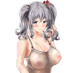  1girl arm_up azuma_machi bangs blue_eyes blush breasts cleavage collarbone dress_shirt eyebrows_visible_through_hair hair_between_eyes hair_ribbon hand_in_hair kantai_collection kashima_(kancolle) large_breasts looking_at_viewer nipples ribbon see-through see-through_dress shirt silver_hair smile strap twintails wavy_hair wet wet_clothes white_background 