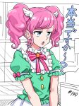  1girl aikatsu! aikatsu!_(series) amahane_madoka blue_eyes bow drill_hair green_shirt jitome medium_hair neck_ribbon open_mouth pink_hair pink_neckwear pink_ribbon puffy_short_sleeves puffy_sleeves ribbon shirt short_sleeves skirt solo twin_drills twintails upper_body white_skirt yoban 