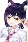  1girl animal_ears cat_ears green_eyes hair_between_eyes kawai_rou kemonomimi_mode looking_at_viewer mole mole_under_eye necktie nijisanji purple_hair shirt shizuka_rin short_hair simple_background smile solo virtual_youtuber white_background white_shirt 