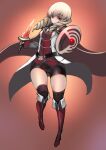  1girl absurdres ass_visible_through_thighs bangs bike_shorts black_legwear blonde_hair boots breasts cameltoe cape closed_mouth drill_hair erika_wagner full_body highres holding holding_sword holding_weapon johan_(johan13) knee_boots long_hair long_sleeves over-kneehighs red_eyes red_footwear shield sleeve_cuffs small_breasts solo sword thighhighs thighs under_night_in-birth weapon 