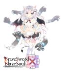  1girl animal_ear_fluff animal_ears apron bangs black_skirt black_wings blue_eyes blush braid brave_sword_x_blaze_soul cat_ears character_request closed_mouth commentary_request copyright_name demon_girl demon_tail demon_wings eyebrows_visible_through_hair full_body garter_straps hair_between_eyes hands_on_hips long_hair looking_at_viewer miniskirt navel off-shoulder_shirt off_shoulder official_art pleated_skirt puffy_short_sleeves puffy_sleeves shirt short_sleeves silver_hair skirt solo tail thighhighs thighhighs_pull twin_braids two_side_up very_long_hair waist_apron white_apron white_background white_legwear white_shirt wings yuizaki_kazuya 