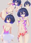  1girl animal_print antenna_hair ballerina bangs bare_shoulders bikini breasts brown_background bug butterfly butterfly_print closed_mouth hair_between_eyes hands_on_own_chest highres honkai_(series) honkai_impact_3rd insect jack_(darkshero) looking_at_viewer navel open_mouth purple_eyes purple_hair red_eyes seele_(alter_ego) seele_vollerei short_hair simple_background small_breasts solo swimsuit tattoo thong thong_bikini toes 