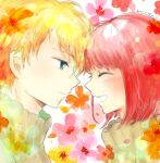  1boy 1girl arima_kana bangs blonde_hair blue_eyes blush closed_eyes colored_skin ears flower highres hoshino_aquamarine open_mouth oshi_no_ko red_hair smile sweater teeth white_skin yurigera_8959 