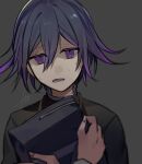  1boy bag bangs black_jacket blurry blurry_foreground commentary danganronpa_(series) danganronpa_v3:_killing_harmony grey_background hair_between_eyes highres holding holding_bag huyuharu0214 jacket long_sleeves looking_at_viewer lower_teeth male_focus open_mouth ouma_kokichi purple_eyes signature simple_background solo sweat upper_body 