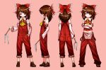  1girl adapted_costume boots bow_hairband brown_hair crossed_arms detached_sleeves gohei hair_tubes hairband hakurei_reimu japanese_clothes lying miko navel neckerchief nontraditional_miko on_back on_side overalls pocket red_headwear red_overalls shimizu_pem short_hair touhou 