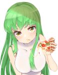  absurdres bare_shoulders blush bodystocking bodysuit breasts c.c. cheese cheese_trail code_geass collarbone covered_collarbone eyebrows_visible_through_hair food food_in_mouth food_on_face from_above green_hair head_tilt highres holding large_breasts long_hair looking_at_viewer mayu_(rymmaur) pizza sidelocks simple_background upper_body upturned_eyes white_background white_bodysuit yellow_eyes yukana 