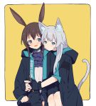  2girls amiya_(arknights) animal_ears arknights arms_around_waist ascot bangs blush brown_hair bunny_ears cat_ears cat_girl cat_tail coldcat. cravat eyebrows_visible_through_hair fingerless_gloves gloves green_eyes highres hug infection_monitor_(arknights) jacket long_hair looking_at_another multiple_girls open_mouth rabbit_girl rosmontis_(arknights) silver_hair sweatdrop tail wristband yuri 