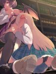  2girls anne_(shingeki_no_bahamut) bangs black_legwear black_panties blonde_hair book bookshelf boots breasts closed_mouth clothes_lift dragon_girl dragon_tail dragon_wings erection fellatio futa_with_female futanari grea_(shingeki_no_bahamut) highres kneeling large_breasts licking licking_penis lifted_by_self long_hair long_sleeves manaria_friends multiple_girls nipples no/min_(noumin_suijun) one_eye_closed oral panties penis plaid plaid_skirt pointy_ears precum pussy_juice pussy_juice_drip_through_clothes shingeki_no_bahamut shirt short_hair skirt skirt_lift tail thighhighs tongue tongue_out underwear white_shirt wings 