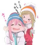  &gt;_&lt; 2girls aqua_jacket arms_up bangs beanie blonde_hair blue_headwear blue_jacket blush blush_stickers cheek_pinching cheek_pull closed_eyes coat commentary_request eyebrows_visible_through_hair fang fur-trimmed_coat fur-trimmed_hood fur_trim hair_intakes hand_up happy hat highres hood hood_down hooded_coat inuyama_aoi jacket kagamihara_nadeshiko multiple_girls murairamuraiari open_mouth parted_bangs pinching pom_pom_(clothes) red_coat short_eyebrows simple_background smile striped striped_headwear striped_sweater sweater translation_request white_background white_coat yurucamp 