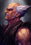  1boy bald clenched_teeth dougi facial_hair from_side grey_background hungry_clicker male_focus mishima_heihachi muscular muscular_male mustache old old_man older short_hair solo teeth tekken traditional_media white_hair 
