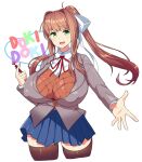 1girl black_legwear blazer blue_skirt bow breasts brown_hair brown_sweater_vest bursting_breasts collared_shirt commentary covered_nipples cowboy_shot cropped_legs doki_doki_literature_club english_commentary eyebrows_visible_through_hair green_eyes grey_jacket hair_ribbon hand_up highres holding holding_pen jacket large_breasts long_sleeves looking_at_viewer monika_(doki_doki_literature_club) neck_ribbon open_mouth outstretched_hand pen pleated_skirt ponytail puffy_nipples red_neckwear red_ribbon ribbon school_uniform shirt simple_background sinensian skirt smile socks solo sweater_vest thighhighs white_background white_bow white_shirt wing_collar 