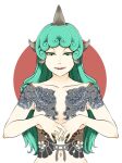  1girl collarbone curly_hair eyelashes fang fingernails full-body_tattoo green_eyes green_hair horns komano_aunn lips long_hair nail_polish navel nude open_mouth shiratama_(irodoli) simple_background single_horn tattoo touhou 