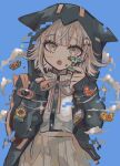  1girl :o animal_ears badge bangs black_jacket black_shirt blue_background blush brown_skirt cloud collared_shirt commentary danganronpa_(series) danganronpa_2:_goodbye_despair hair_ornament hairclip heart hood hood_up jacket kara_aren long_sleeves looking_at_viewer nail_polish nanami_chiaki neck_ribbon open_mouth pink_ribbon pleated_skirt ribbon shirt shirt_tucked_in short_hair skirt sleeves_past_wrists solo spaceship_hair_ornament symbol_commentary two-tone_shirt upper_body white_shirt 