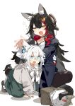  2girls :3 :d all_fours animal animal_ear_fluff animal_ears bag black_hair black_hoodie black_legwear blue_eyes cat collarbone collared_shirt commentary_request fang fox_ears fox_girl fox_tail green_skirt grey_shirt hair_brush hair_ornament highres hololive hood hood_down hoodie karei long_hair long_sleeves multicolored_hair multiple_girls one_eye_closed ookami_mio open_mouth pantyhose red_hair shadow shirakami_fubuki shirt silver_hair skirt sleeves_past_wrists smile streaked_hair taiga_(ookami_mio) tail very_long_hair virtual_youtuber white_background wolf_ears wolf_girl wolf_tail yellow_eyes younger 