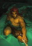  1boy closed_mouth commentary dark-skinned_male dark_skin earrings english_commentary etcetceteras ganondorf holding_hands jewelry long_hair male_focus muscular muscular_male pectorals red_hair shirtless solo_focus the_legend_of_zelda water 