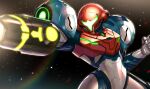  1girl aiming arm_cannon clenched_hand dark_background glowing gonzarez helmet highres lens_flare metroid metroid_dread power_armor samus_aran science_fiction solo upper_body visor weapon 