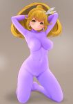  1girl arms_behind_head arms_up bangs blonde_hair blush bodysuit breasts brown_background cameltoe commentary_request covered_navel covered_nipples cure_peace duzimura earrings embarrassed full_body hair_ornament highres impossible_clothes jewelry kise_yayoi kneeling large_breasts long_hair looking_at_viewer medium_breasts ponytail precure simple_background smile_precure! solo 