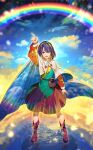  1girl blue_eyes blue_hair cape dress highres multicolored multicolored_clothes multicolored_dress multicolored_hairband patchwork_clothes pointing pointing_up rainbow rainbow_gradient red_button short_hair sky_print solo tenkyuu_chimata touhou two-sided_cape two-sided_fabric white_cape zounose 