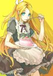  1girl apron aqua_eyes bangs black_dress blonde_hair bow cake commentary contrapposto cowboy_shot cream dress eating food frilled_dress frills hair_bow hair_ornament hairclip highres holding holding_cake holding_food holding_spoon kagamine_rin long_hair looking_at_viewer maid_apron mint neck_ribbon older red_neckwear ribbon short_sleeves solo spoon swept_bangs very_long_hair vocaloid white_bow whiteskyash yellow_background 