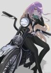  1girl bangs biker_clothes bikesuit black_footwear black_legwear breasts brown_hair cross-laced_clothes eyebrows_visible_through_hair gradient_hair green_bandana grey_background ground_vehicle hair_between_eyes hato_(gomashiopappa) high_heels highres hijiri_byakuren long_hair looking_at_viewer motor_vehicle motorcycle multicolored_hair open_mouth purple_eyes purple_hair simple_background solo standing touhou turbo_byakuren twitter_username two-tone_hair 