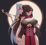  2girls bangs bare_shoulders beidou_(genshin_impact) blush breast_grab breasts brown_hair china_dress chinese_clothes cleavage clenched_hand closed_mouth dress earrings eyepatch genshin_impact grabbing hair_ornament hair_over_one_eye hair_stick hairpin highres holding holding_pipe jewelry large_breasts long_hair moon multiple_girls ningguang_(genshin_impact) one_eye_covered orange_eyes parted_bangs pelvic_curtain pipe red_eyepatch red_eyes smile white_hair yizikifa yuri 