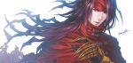  1boy black_hair buckle clawed_gauntlets cloak final_fantasy final_fantasy_vii headband hiromyan leather long_hair messy_hair pale_skin red_eyes torn_clothes turban vincent_valentine white_background 