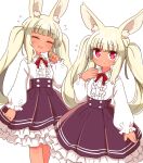  1girl ^_^ animal_ear_fluff animal_ears bangs blonde_hair blunt_bangs blush bunny_ears center_frills closed_eyes closed_mouth collared_shirt commentary_request flying_sweatdrops frilled_shirt_collar frilled_skirt frills hand_up heart heart-shaped_pupils highres long_hair long_sleeves looking_at_viewer masurao_(sekaiju) meme_attire multiple_views naga_u nervous_smile open_mouth pleated_skirt puffy_long_sleeves puffy_sleeves purple_eyes purple_skirt sekaiju_no_meikyuu sekaiju_no_meikyuu_5 shirt short_eyebrows simple_background skirt sleeves_past_wrists sweat symbol-shaped_pupils tan thick_eyebrows twintails very_long_hair virgin_killer_outfit white_background white_shirt 