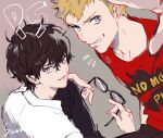  2boys amamiya_ren bangs black_hair black_pants blonde_hair clothes_writing copyright_name grey_background grin holding holding_eyewear looking_at_viewer male_focus multiple_boys open_mouth pants persona persona_5 sakamoto_ryuuji sawa2 shirt signature simple_background smile t-shirt upper_body 