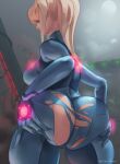  1girl ass ass_support bad_id bad_twitter_id bangs blonde_hair blue_bodysuit blue_eyes bodysuit breasts eyebrows_behind_hair from_behind glowing highres huge_ass long_hair looking_at_viewer looking_back medium_breasts metroid milkriot ponytail samus_aran solo thick_thighs thighs torn_bodysuit torn_clothes wide_hips zero_suit 