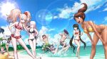  2boys 6+girls :d arms_up asahina_aoi bangs bare_legs barefoot bent_over bikini black_gloves black_headwear bow braid breasts brown_hair bunny_hair_ornament cleavage collarbone cosplay danganronpa:_trigger_happy_havoc danganronpa_(series) danganronpa_2:_goodbye_despair danganronpa_v3:_killing_harmony day enoshima_junko enoshima_junko_(cosplay) feet_up freckles fukawa_touko gloves goggles hair_bow hair_ornament hair_scrunchie hairclip hand_in_hair hand_up happy harukawa_maki hat ikusaba_mukuro innertube kirigiri_kyouko long_hair male_swimwear medium_hair mioda_ibuki momota_kaito monomi_(danganronpa) multiple_boys multiple_girls navel official_art one_eye_closed open_mouth pale_skin pink_hair red_bikini red_bow red_scrunchie scrunchie side_braid smile souda_kazuichi standing sun sunlight swimsuit twintails water white_bow wrist_scrunchie yellow_bikini 