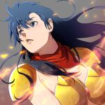  1girl armor asou_yuuko bangs bikini_armor blue_eyes blue_hair breasts cleavage eyebrows_visible_through_hair eyelashes gold_armor lips long_hair mugen_senshi_valis open_mouth red_scarf scarf shoulder_armor shoulder_pads valis yazwo 