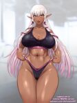  1girl absurdres bikini black_bikini breasts cleavage dark-skinned_female dark_skin elf evelyn_celebrian gradient_hair gym_uniform hair_ribbon highres huge_breasts looking_at_viewer multicolored_hair nofuture pink_hair pointy_ears ribbon silver_hair solo swimsuit tan yellow_eyes youkoso!_sukebe_elf_no_mori_e 