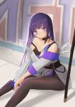  1girl absurdres asymmetrical_sleeves bangs bare_shoulders cleavage_cutout closed_mouth clothing_cutout gloves graffiti hair_between_eyes highres honkai_(series) honkai_impact_3rd jack_(darkshero) katana legs long_hair looking_at_viewer pantyhose purple_eyes purple_gloves purple_hair raiden_mei road single_glove sitting sitting_on_floor smile solo street sword weapon 