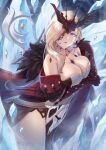  1girl bare_shoulders blonde_hair breasts cleavage dress fur_trim genshin_impact hair_ornament hair_over_one_eye highres large_breasts off_shoulder open_mouth purple_eyes signora_(genshin_impact) so-on solo 