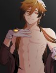  1boy abs bangs black_background brown_hair collarbone earrings eyebrows_visible_through_hair eyeliner genshin_impact gloves gradient_hair hair_between_eyes hand_on_own_chest holding holding_clothes holding_jacket jacket jewelry long_hair long_sleeves lumbbyz makeup male_focus multicolored_hair nipples nude open_mouth orange_hair palette_swap pectorals removing_jacket ribs simple_background single_earring smile solo symbol_commentary tassel tassel_earrings toned toned_male white_gloves yellow_eyes zhongli_(genshin_impact) 