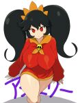  1girl ashley_(warioware) black_hair breasts character_name closed_mouth commentary covered_nipples cropped_legs dress empty_eyes english_commentary eyebrows_visible_through_hair head_tilt highres impossible_clothes large_breasts long_hair long_sleeves looking_at_viewer no_pupils orange_headwear orange_neckwear puffy_nipples red_eyes simple_background sinensian skull_ornament sleeves_past_wrists solo staring thick_thighs thighs twintails walking warioware white_background 