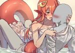  1boy 1girl blush breasts colored_skin commentary dress eyebrows_visible_through_hair fangs grey_skin hair_ornament highres lamia long_hair medium_breasts miia_(monster_musume) monster_girl monster_musume_no_iru_nichijou nifffi no_bra pants pointy_ears saliva saliva_trail scales shirt slit_pupils sundress third-party_edit wet wet_clothes wet_dress wet_hair wet_pants wet_shirt yellow_eyes 