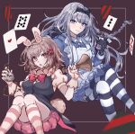  2girls aemono_(lemolemo_lmn) alice_(alice_in_wonderland) alice_(alice_in_wonderland)_(cosplay) alternate_costume bangs black_bow black_gloves blue_dress bow breasts bunny_hair_ornament card chain commentary_request cosplay danganronpa:_trigger_happy_havoc danganronpa_(series) danganronpa_2:_goodbye_despair dress eyebrows_visible_through_hair flipped_hair gloves hair_bow hair_ornament heart holding kirigiri_kyouko large_breasts long_hair looking_at_viewer multiple_girls nanami_chiaki pink_bow pink_eyes pink_shorts playing_card pocket_watch puffy_short_sleeves puffy_sleeves red_bow shiny shiny_hair short_sleeves shorts smile striped striped_legwear thighhighs watch white_gloves white_rabbit_(alice_in_wonderland) 