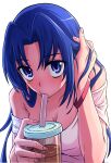  1girl :&gt;= bangs blue_eyes blue_hair breasts cleavage commentary cup eyebrows_visible_through_hair hair_tucking highres holding holding_cup kawashima_ami long_hair looking_at_viewer off-shoulder_shirt off_shoulder royl shirt short_sleeves simple_background solo toradora! upper_body white_background white_shirt wristband 