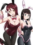  2girls animal_ears bangs black_hair black_legwear black_leotard blunt_bangs bow bowtie breasts brown_leotard bunny_ears bunny_tail cleavage detached_collar fake_animal_ears fishnet_legwear fishnets green_eyes hair_ornament hairclip kurosawa_dia leotard looking_at_viewer love_live! love_live!_sunshine!! marugoshi_teppei medium_breasts multiple_girls pantyhose playboy_bunny red_neckwear sakurauchi_riko strapless strapless_leotard tail wrist_cuffs 