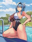  1girl absurdres armpits bare_shoulders blue_sky bodystocking breasts center_opening cleavage cloud eula_lawrence genshin_impact hairband hand_on_hip highres large_breasts looking_at_viewer loooyd partially_submerged pool poolside sideboob sky solo swimsuit thighs tree wet 