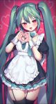  1girl :d apron aqua_hair black_dress black_legwear blush commentary cowboy_shot dress fang frilled_dress frills garters half-closed_eyes hatsune_miku heart heart_background heart_hands heart_print highres kirisaki_shuusei long_hair maid maid_apron open_mouth pink_background red_eyes short_sleeves skin_fang smile solo standing sweat twintails very_long_hair vignetting vocaloid white_apron wrist_cuffs 