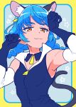  1girl :3 animal_ears armpits blue_background blue_gloves blue_hair blue_jacket border braid cat_ears cat_tail closed_mouth copyright_request gloves hands_up highres jacket layered_gloves looking_at_viewer orange_eyes outside_border paw_pose smug solo tail twin_braids yellow_border yoban 