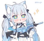  +_+ 1girl ahoge amatsuka_uto animal_ear_fluff animal_ears assault_rifle bangs black_gloves blue_eyes blue_hair blunt_bangs blush cat_ears cat_girl chibi eyebrows_visible_through_hair gloves gun hair_ornament hairclip holding holding_gun holding_weapon indie_virtual_youtuber kemonomimi_mode kukie-nyan long_hair looking_at_viewer m4_carbine open_mouth rifle solo twintails twitter_username virtual_youtuber weapon 