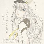  1girl 2017 bandaid black_sailor_collar blue_eyes expressionless from_side hair_over_one_eye illustration.media long_hair looking_at_viewer mayumi_konno original sailor_collar short_sleeves signature solo spot_color white_hair white_headwear yellow_neckwear 